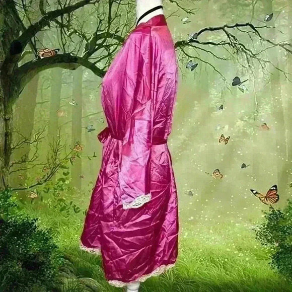 Victoria’s Secret Hot Pink Satin Robe With Beige Lace - Picture 4 of 10